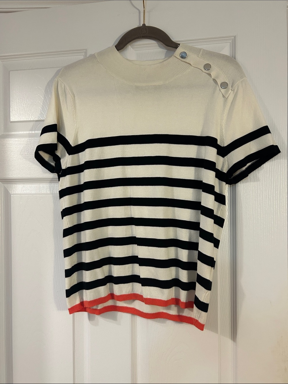 Laundry By Shelli Segal Cream & Black Striped Short-Sleeve Top with Coral Trim